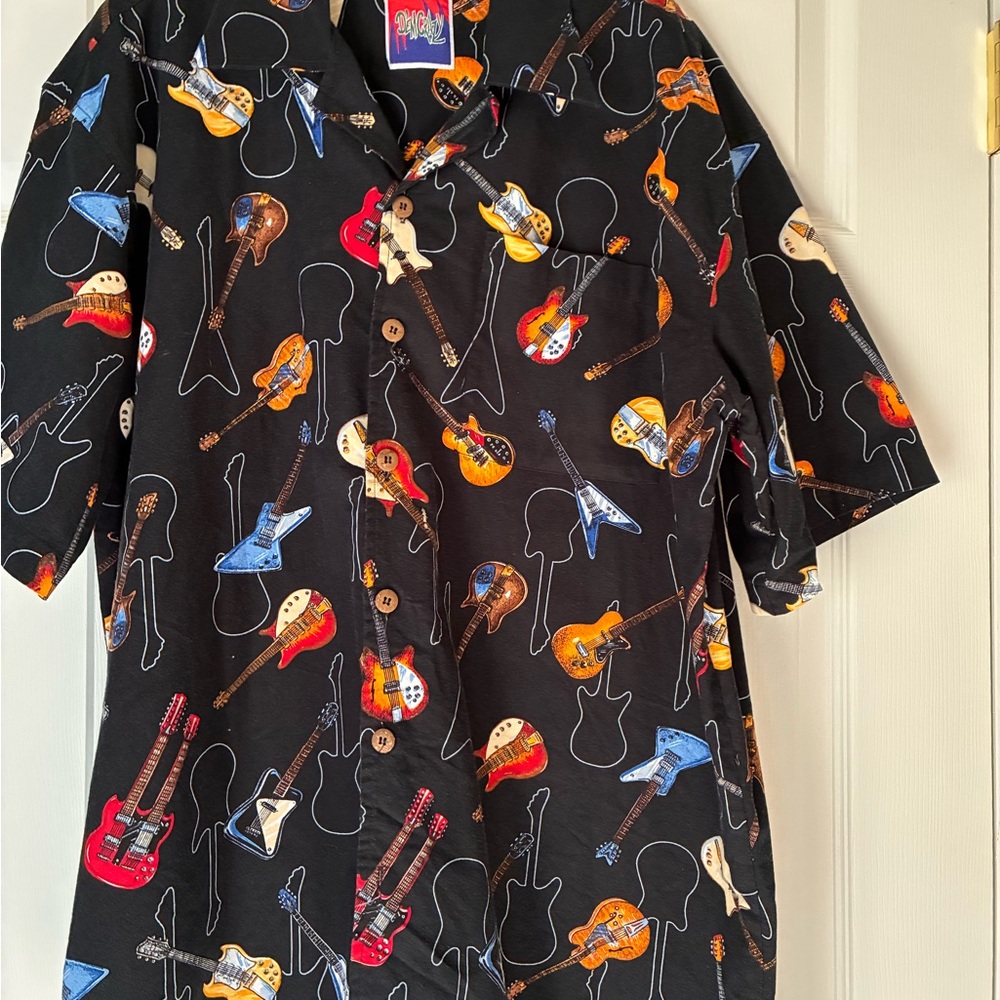 DEM CRAZY Mens XL Button-Up Shirt with Colorful Guitar Print